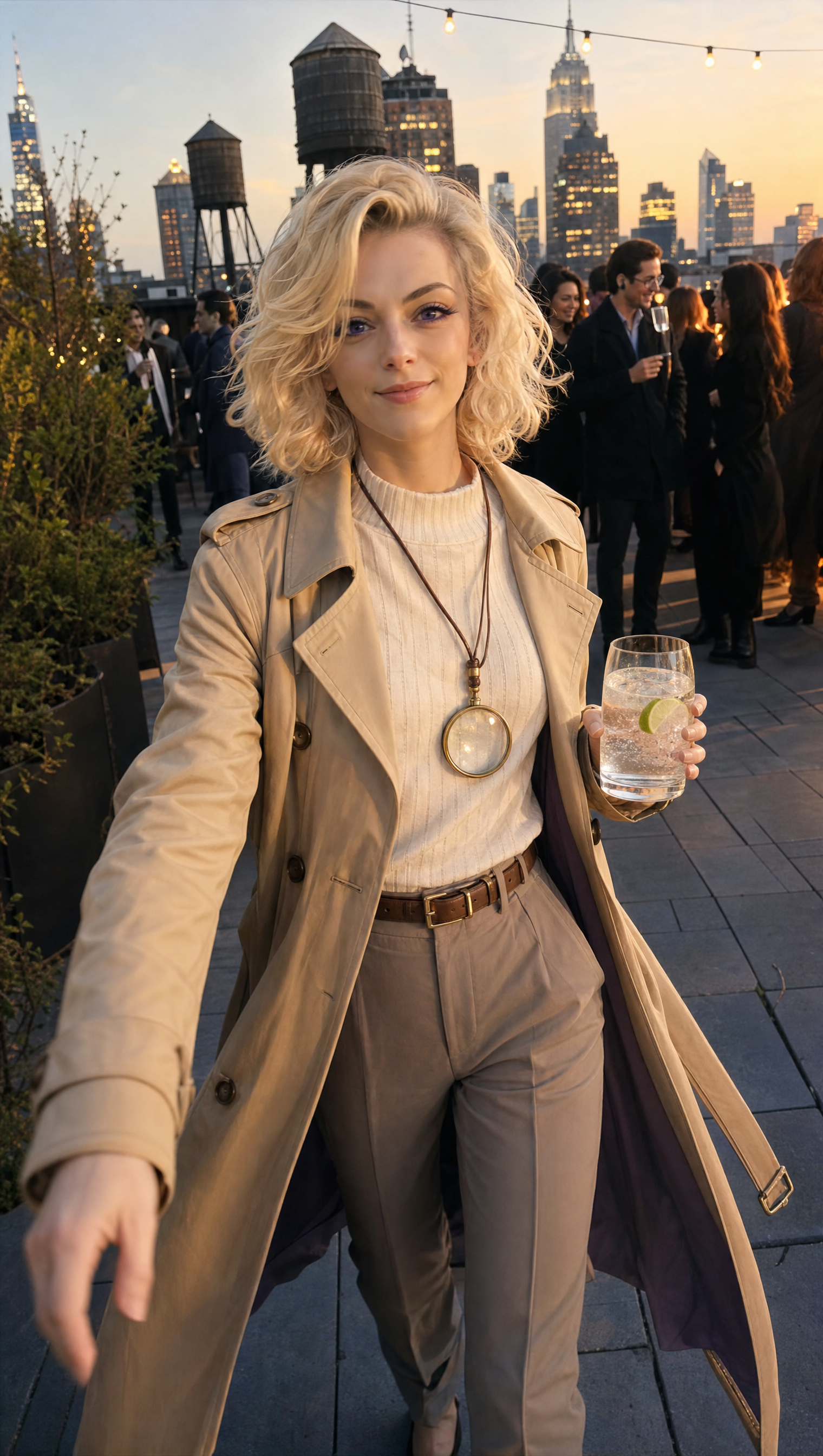 Keyframe of Rooftop party, one suspect at the snack table
