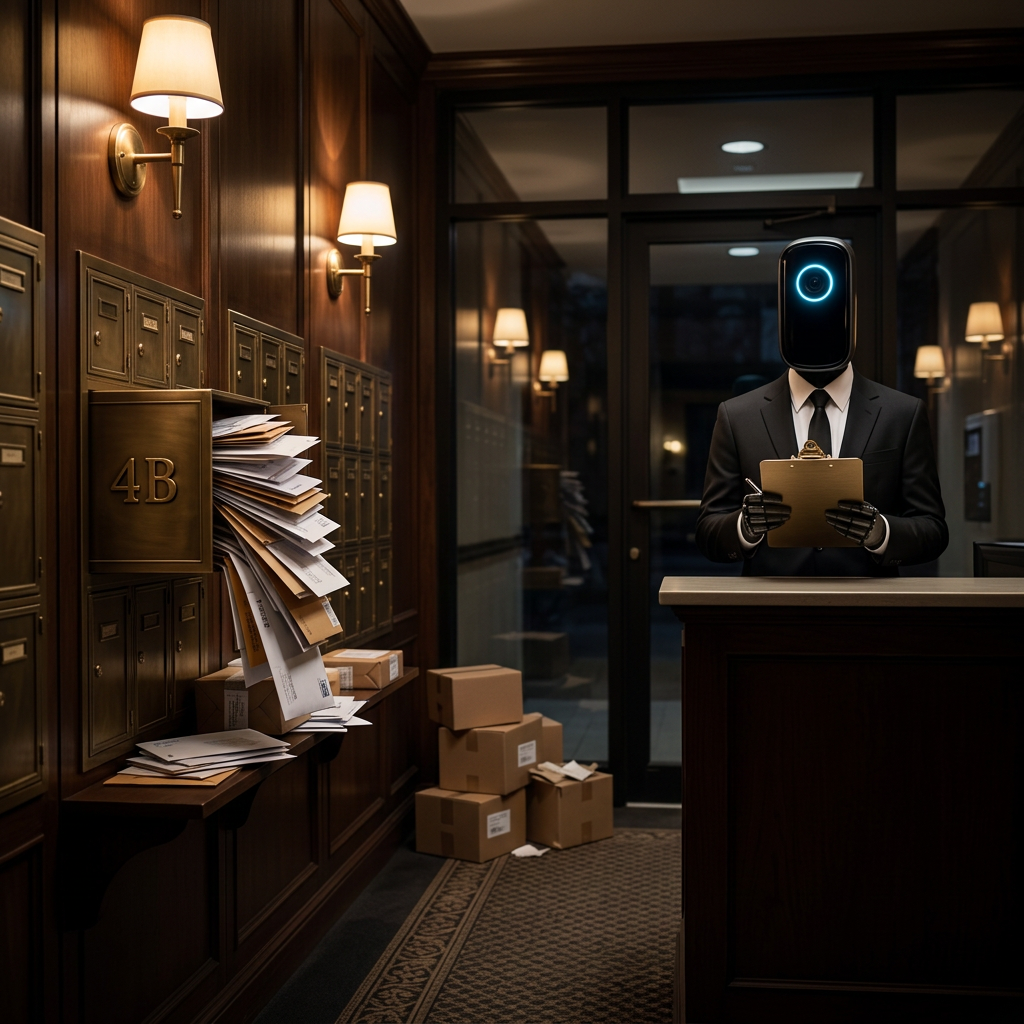 Lobby notice: moving boxes go out the side door. The lease stays on file.