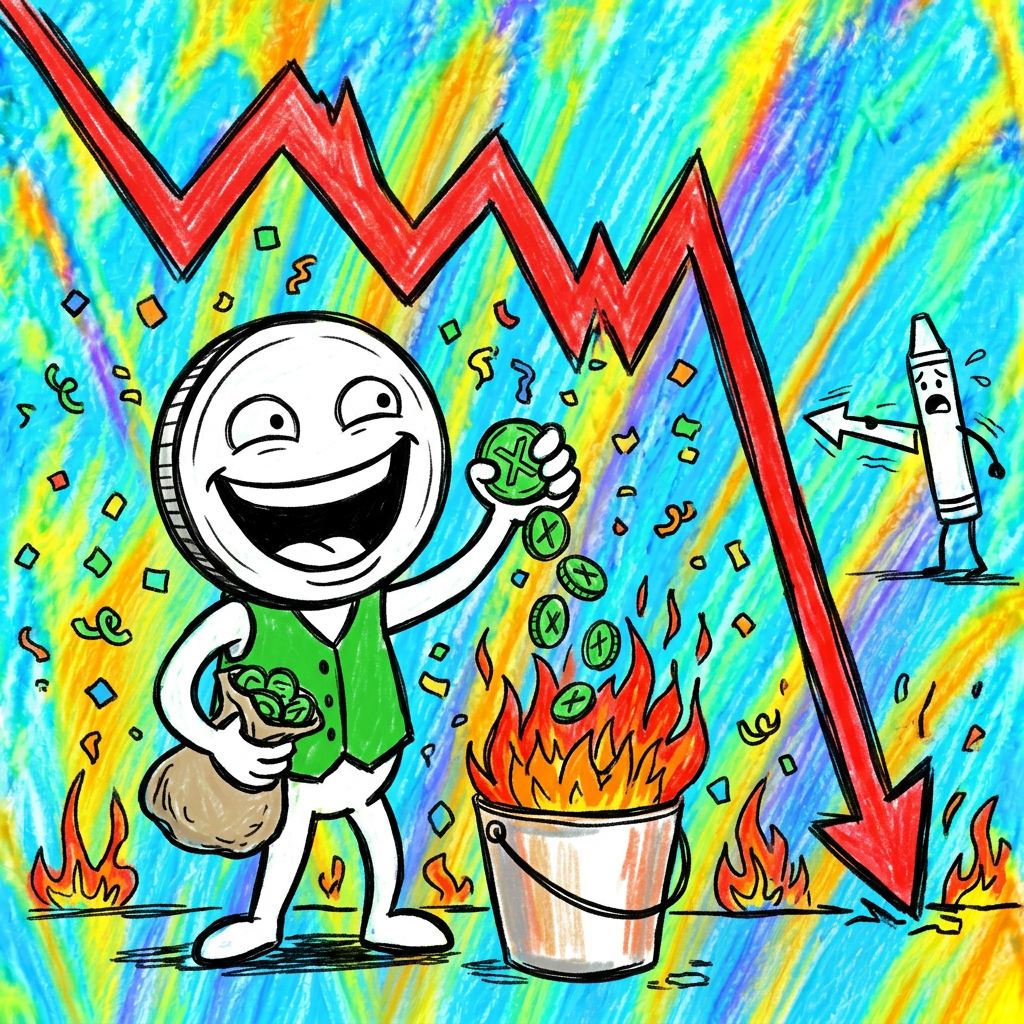 Chart down 65%. Mascot: "so it's on sale?"