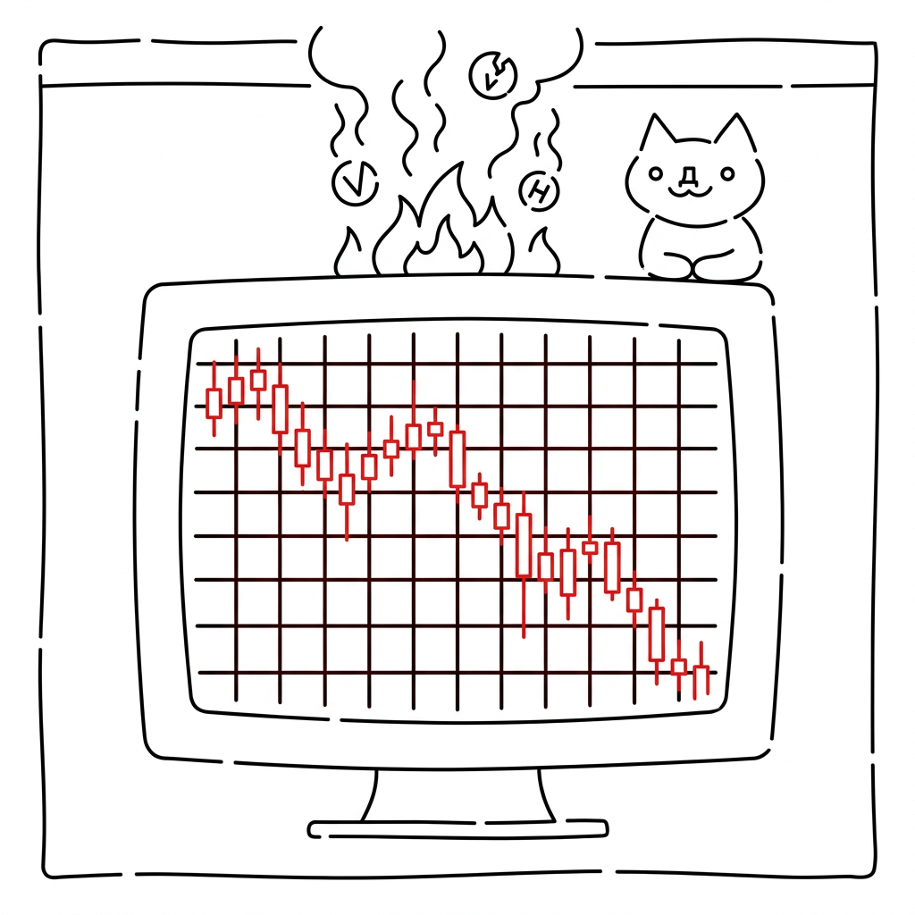 Giko sits in the corner while the chart dumps. Still here.