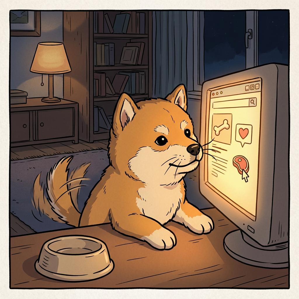 first day on internet. bowl empty. tail wagging anyway.