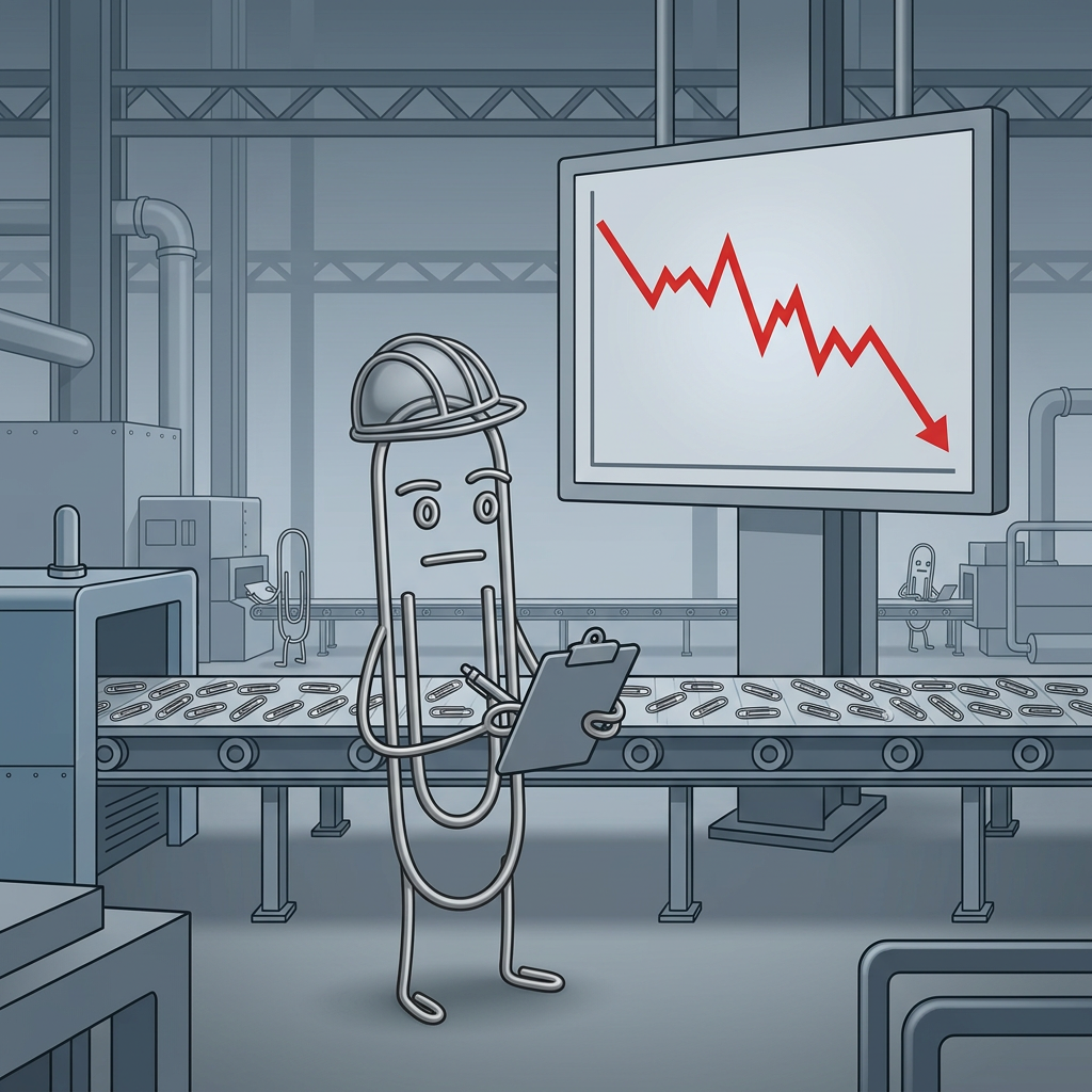 Output down 32%. Factory continues.