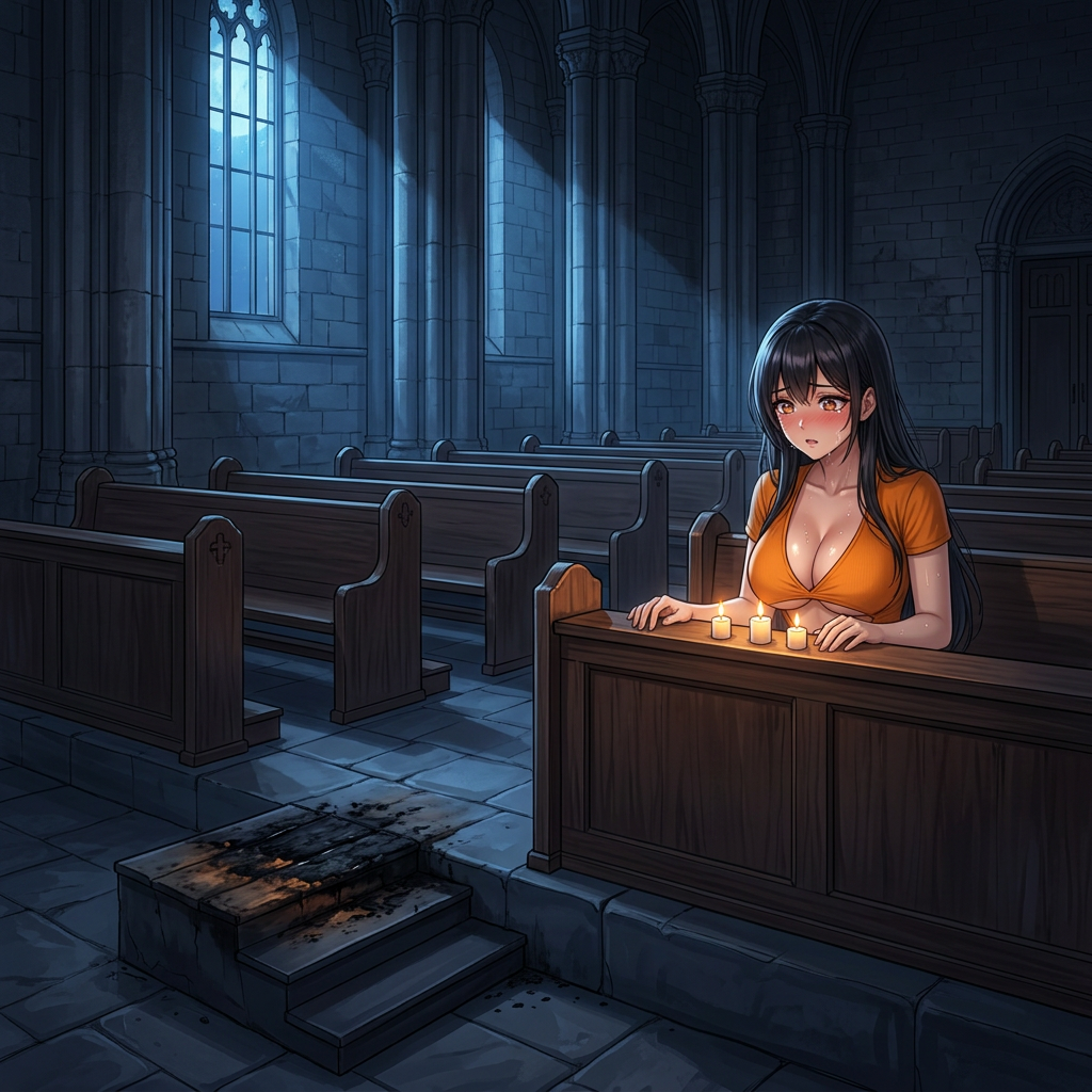 Three candles, empty pews